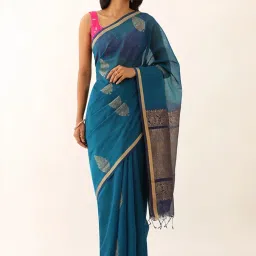 Taneira Blue Woven Saree With Unstitched Blouse image 1