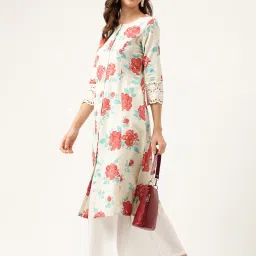 Divena Cream Cotton Floral Print A Line Kurta image 4