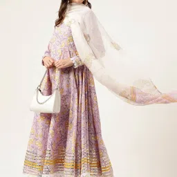 Divena Purple Cotton Handblock Print Gotta Patti Anarkali Kurta & Pant With Dupatta image 4