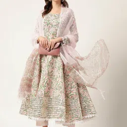 Divena Green Cotton Handblock Print Gotta Patti Anarkali Kurta & Pant With Dupatta image 4