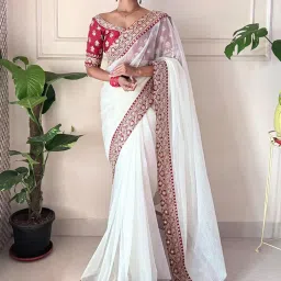 Saree Mall White Net Embellished Saree with Blouse Piece image 1