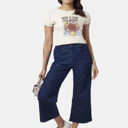 People by Pantaloons Cream Cotton Printed Cropped T-Shirt image 4