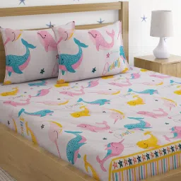 HOSTA HOMES Multicolor Glace Cotton 220 TC Bed Sheet with 2 Pillow Cover image 1