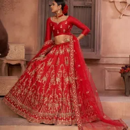 Atsevam Red Embroidered Semi-Stitched Lehenga Choli Set With Dupatta image 4