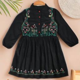 Bella Moda Girls Black Cotton Three Fourth Sleeves Floral Embroidered Dress-picture-42