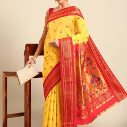 Varkala Silk Sarees Yellow & Red Woven Saree With Unstitched Blouse image 1
