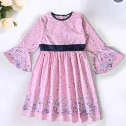 Bella Moda Girls Pink Cotton Three Fourth Bell Sleeves Solid Dress-picture-36