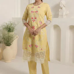 Indo Era Floral Embroidered Thread Work Straight Kurta & Trousers With Dupatta image 2