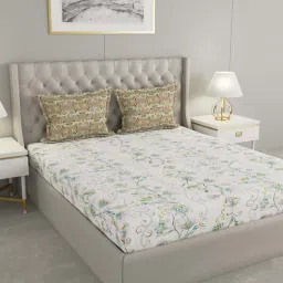 Raymond Home Camphor White & Brown 144 TC Cotton Queen Bedsheet with 2 Pillow Covers image 1