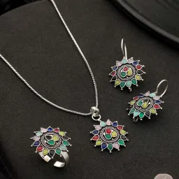 Saraf RS Jewellery Silver Oxidized Multicolored Combo Locket with Ring Jewellery Set image 1