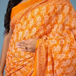 Zari Jaipur Orange Cotton Printed Saree With Unstitched Blouse image 5