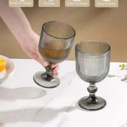 Nestasia Ribbed vintage style premium Wine glass with stem Goblet Ash Grey (Set Of 6 each 350ml) image 4