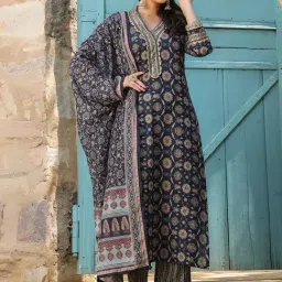 Anastay Cobalt Blue Cotton Heavy Gold Print Suit Set Kurta With Pant And Dupatta image 5