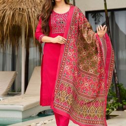 KAYOMMI Women Ethnic Motifs Embroidered Chanderi Silk Kurta with Trousers & Dupatta-picture-5