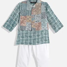 READIPRINT FASHIONS Kids Sage Green Printed Full Sleeves Kurta, Dhoti with Nehru Jacket image 1