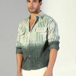 SHOWOFFFF Green Cotton Regular Fit Striped Shacket image 3