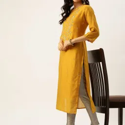 showoffff SHOWOFF Mustard Embroidered Calf Length Straight Kurta image 4