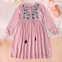 Bella Moda Girls Peach Cotton Three Fourth Sleeves Floral Embroidered Knee Lenght Dress-image-57