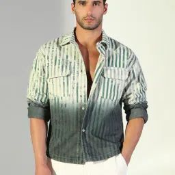 SHOWOFFFF Green Cotton Regular Fit Striped Shacket image 2