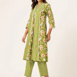 MISRI Floral Printed Panelled Pure Cotton Kurta with Trousers image 3