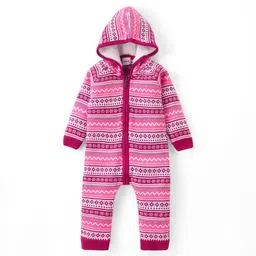 Babyhug Knit Full Raglan Sleeves Winter Wear Hooded Romper with Chevron Design - Pink-picture-27