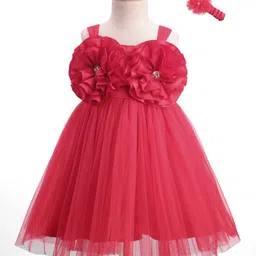 Enfance Sleeveless Floral Applique Detailed Dress With Headband - Red-image-70