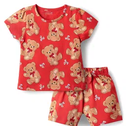 Babyhug Cotton Knit Half Sleeves Co-ords Shorts Night Suit with Bear Print - Red-picture-14