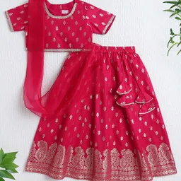 The Magic Wand Jacquard Woven Half Sleeves Leaves Foil Printed & Gota Lace Embellished Choli Lehenga With Dupatta Set - Fuchsia image 1
