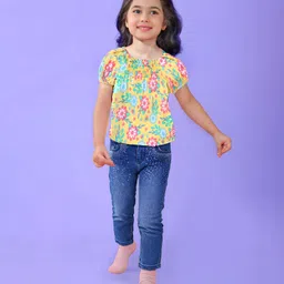 Babyhug Cotton Knit Half Sleeves Top with Smocking Detailing & Floral Print - Yellow image 2