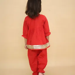 Little Ginnie Full Sleeves Gota Lace Embellished Kurta Set - Red image 3