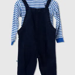 PURPLE UNITED KIDS Terry Woven Hot Air Balloon Printed Dungaree With Full Sleeves Striped Tee - White & Dark Blue image 3