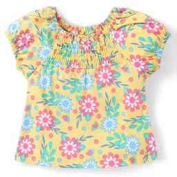 Babyhug Cotton Knit Half Sleeves Top with Smocking Detailing & Floral Print - Yellow image 3