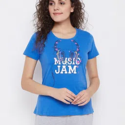Clovia Blue Printed T-Shirt image 1