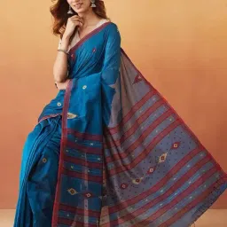 fabindia Turquoise Cotton Jamdani Sari image 4
