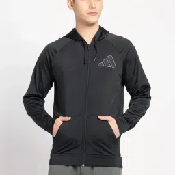 Adidas Black Regular Fit Logo Printed Hooded Jacket image 1