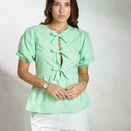 VIRGIO Green Cotton Solid Short Sleeves Top image 1