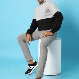 Campus Sutra Black & Grey Cotton Regular Fit Colour Block Hooded Sweatshirt image 4