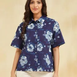 Fabindia Blue Cotton Comfort Fit Floral Print Shirt-image-87