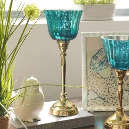 Pure Home and Living Teal & Gold Glass Votive With Metal Stand image 1