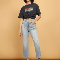 Wrangler Light Blue Distressed Straight Fit High Rise Jeans image 4