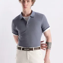 CALVIN KLEIN Greyish Blue Textured Regular Fit Cotton Polo T-Shirt image 1