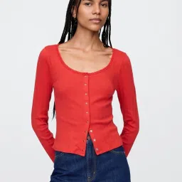 GAP Red Solid Long Sleeves Textured Top image 1