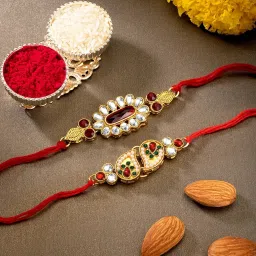 Peora Maroon Peora Thread Rakhi for Brother Kundan Studded Rakhi with Greeting Card for Men image 1