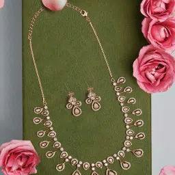 Zaveri Pearls Gold Tone Dazzling Cubic Zirconia Contemporary Brass Necklace & Earring Set-ZPFK18319 image 1