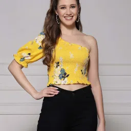 KASSUALLY Yellow Printed Crop Top image 1