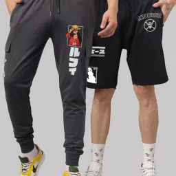 Free Authority Grey & Black Regular Fit One Piece Printed Trackpants & Shorts Set image 1