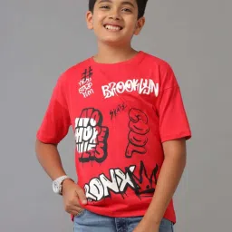 Under Fourteen Only Kids Red Cotton Printed T-Shirt image 1