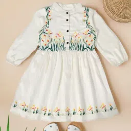 Bella Moda Girls White Cotton Three Fourth Sleeves Floral Embroidered Dress-image-44