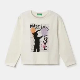 United Colors of Benetton Kids White Cotton Graphic Full Sleeves T-Shirt image 1