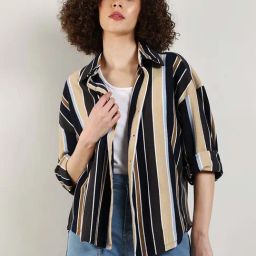 Campus Sutra Beige Cotton Regular Fit Striped Shirt-picture-34